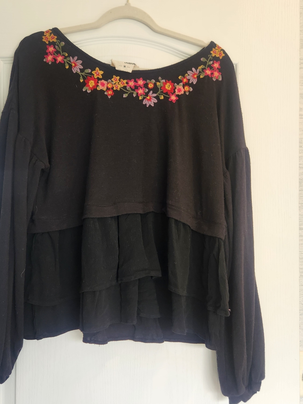 Savanna Jane Black Layered Top with Colorful Floral Neck Embroidery M Euc